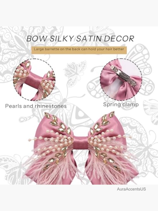Large Silk Satin Hair Bows Clips with Pearl Crystal Feather for Women main image 6
